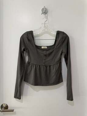 Frankee & Skylarr Long Sleeve Button Front Square Neck Babydoll Top Grey XS
